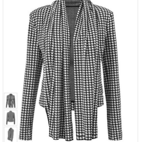 Cabi Black/White hounds tooth, slightly cropped wide-scarf collar cardigan, Sz L - Picture 3 of 9